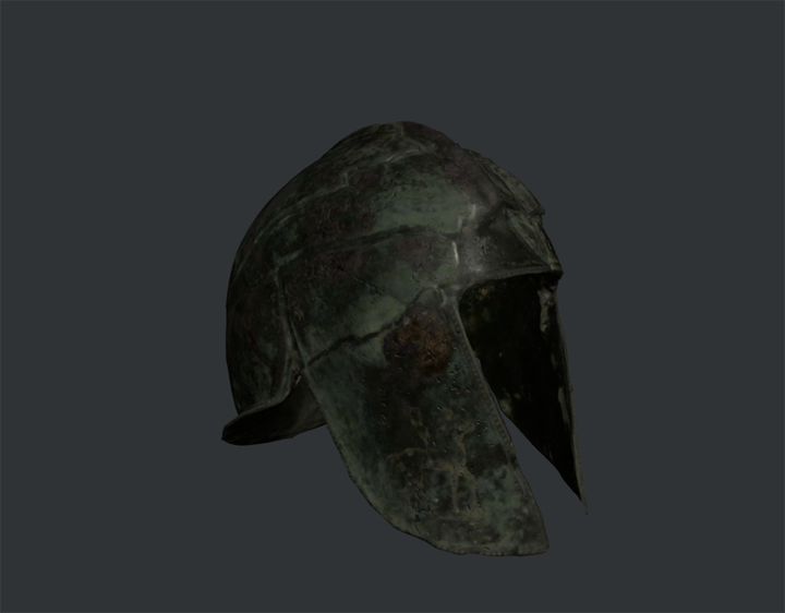 A close-up, isolated view of an ancient Greek Corinthian helmet against a dark background, highlighting the patina and wear on the metal.