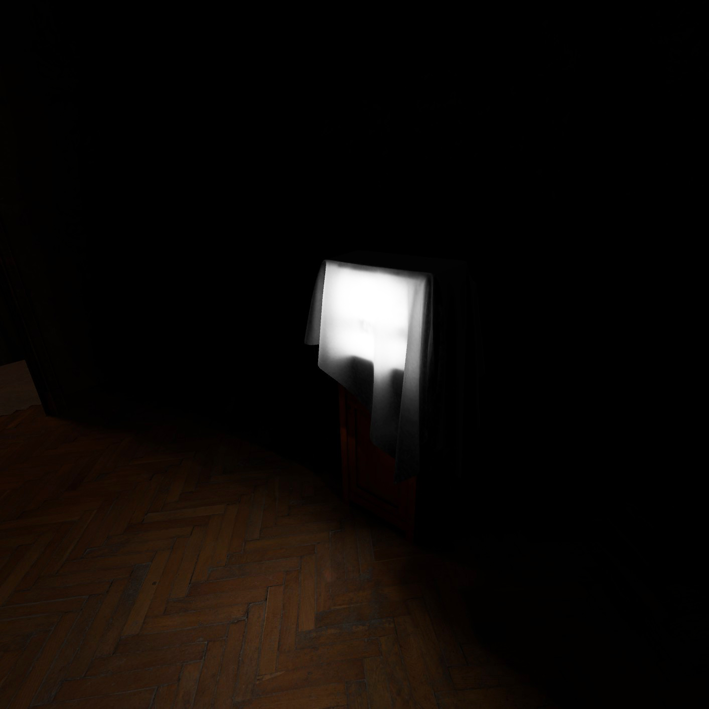 The same scene focuses solely on the glowing, covered television, which stands out as a stark source of light against the enveloping darkness of the room.