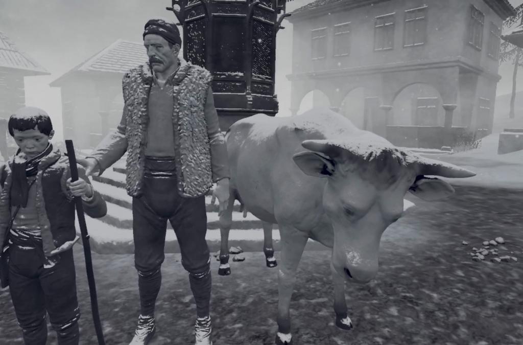 A monochrome Virtual Reality scene featuring a boy and an adult man standing beside a cow in a snow-covered village, representing a moment from “Kroz Mećavu” at the JUNUB exhibition.